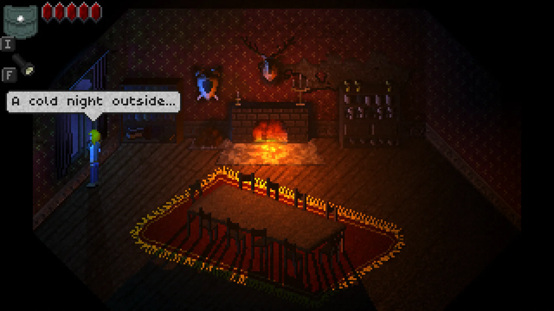 A candlelit ritual circle burning on the floor of a dark red room