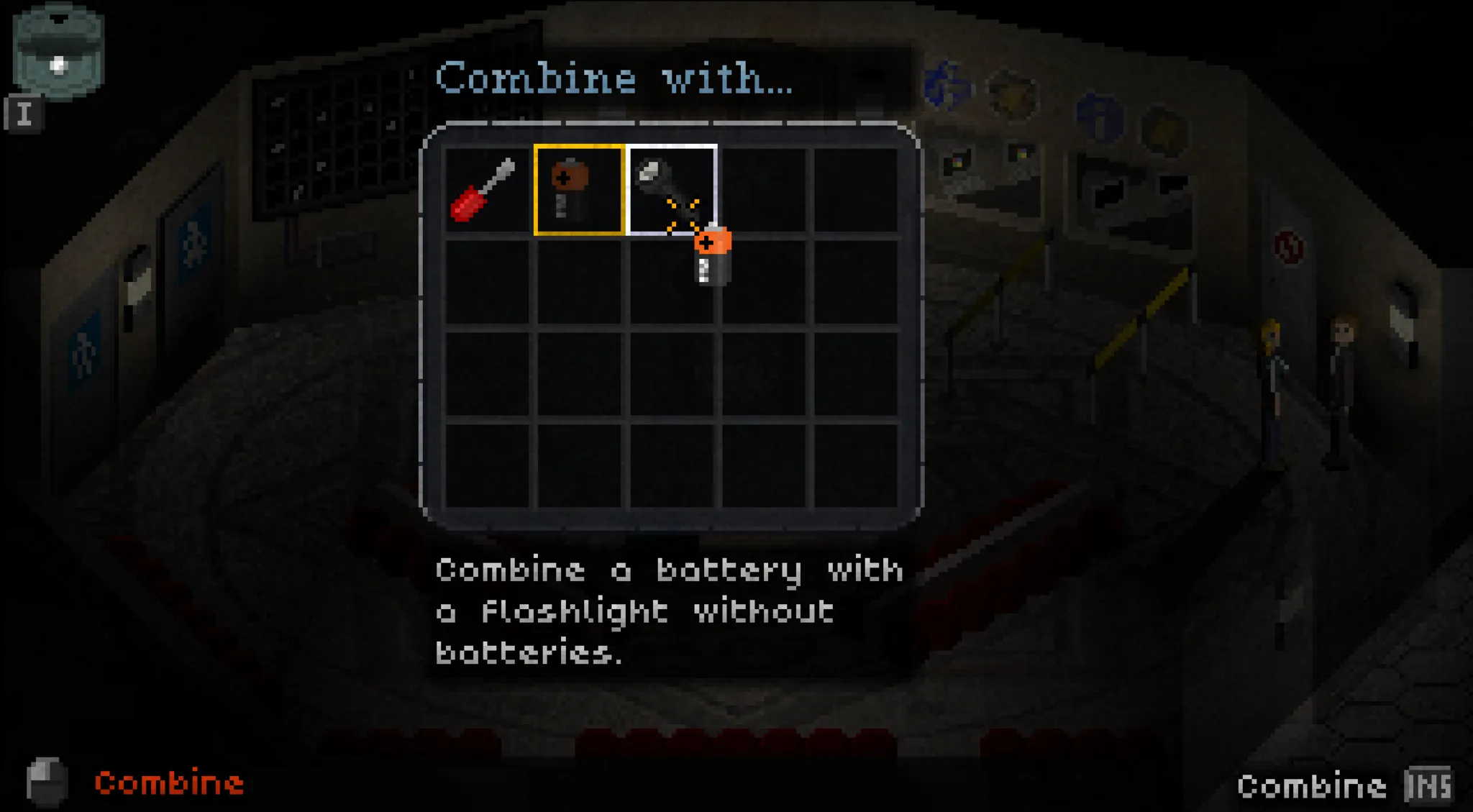 The crafting screen, combining a battery with a flashlight