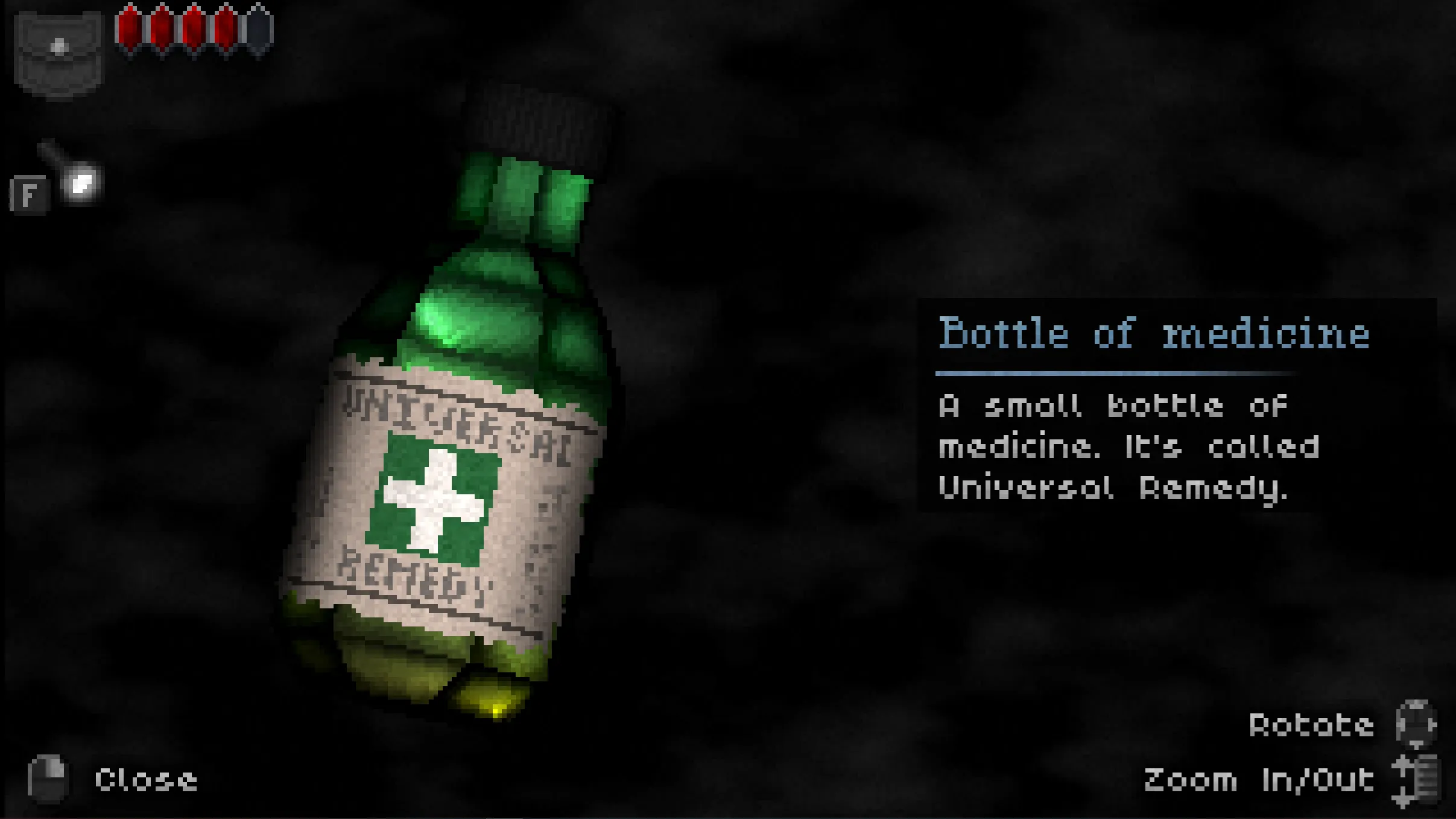 Inspecting a bottle of medicine in the item viewer